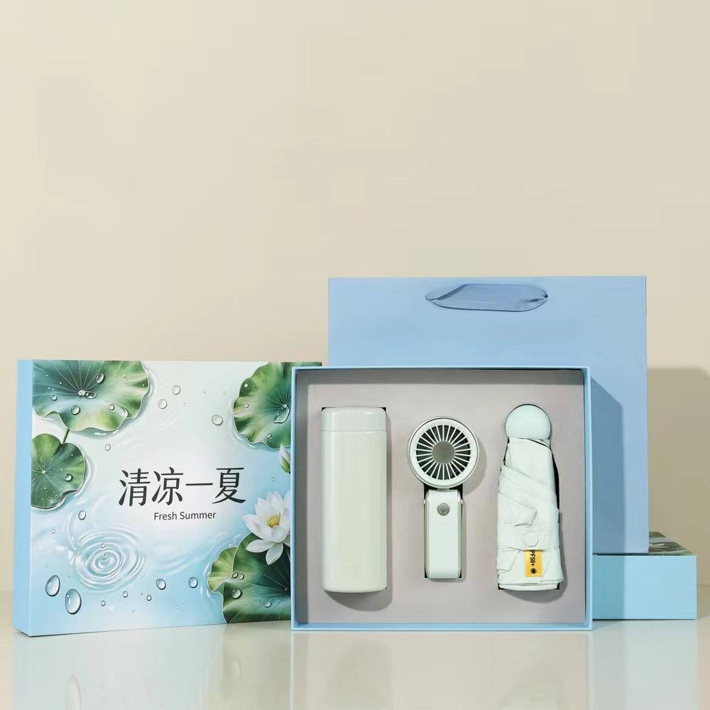 Three-piece Fresh Summer corporate gift set — insulated bottle, handheld fan and umbrella in a presentation box