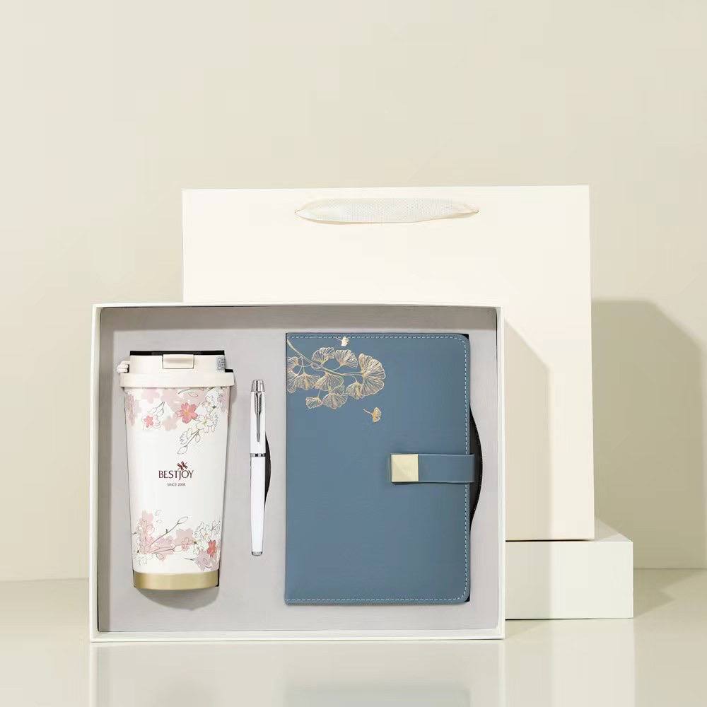 Vegan-leather notebook with executive pen and printed tumbler gift set